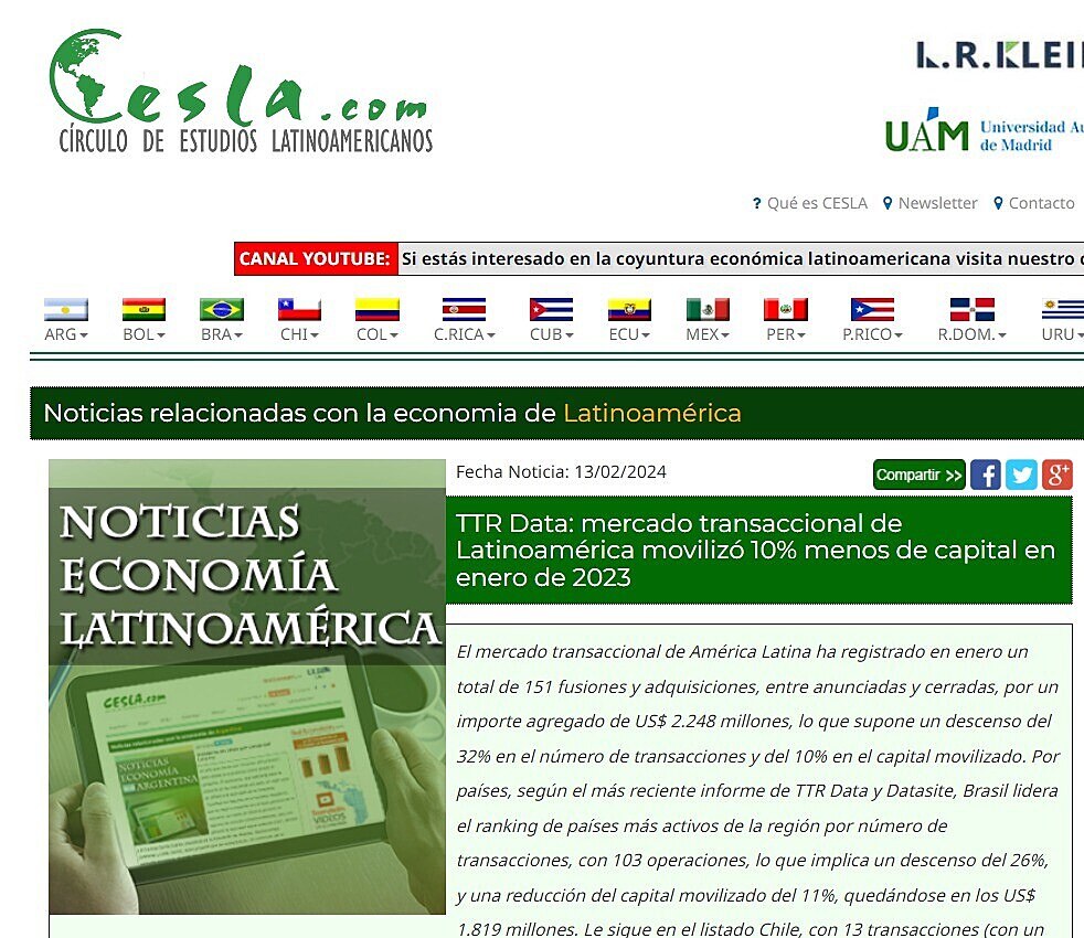 TTR Data: mercado transaccional de Latinoamrica moviliz 10% menos de capital en enero de 2023